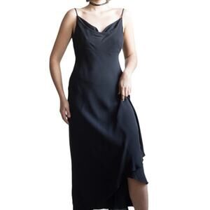 Vintage 90s Y2K Drape Neck Slip Dress Size 12 Silk Maxi LBD Ruffle Hem Black